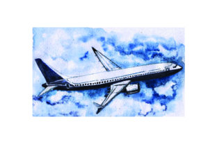 Airplane in the Clouds Watercolor Style for Crafts & Designs