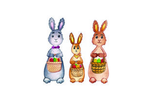 Bunny Family Holding Baskets Watercolor for Easter Crafts