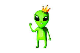 Green Alien with Crown: Watercolor Animals & Crafts Asset