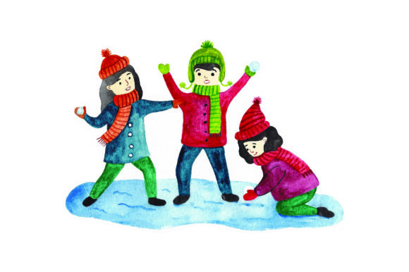 Kids Having Snowball Fight Watercolor for Winter Crafts