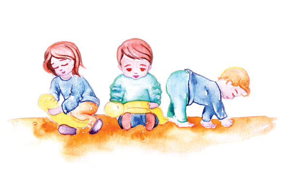 Kids Playing with Dolls in Watercolor Style for Crafts