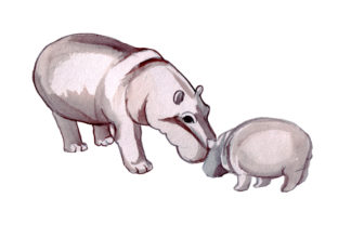 Mom & Baby Hippos Watercolor Art for Crafts & Animal Lovers