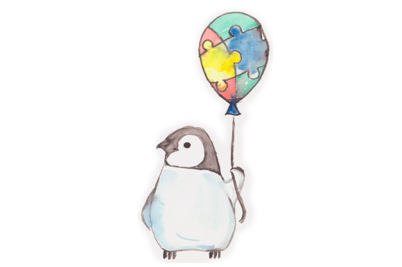 Watercolor Penguin with Autism Baloon: Crafts & Awareness